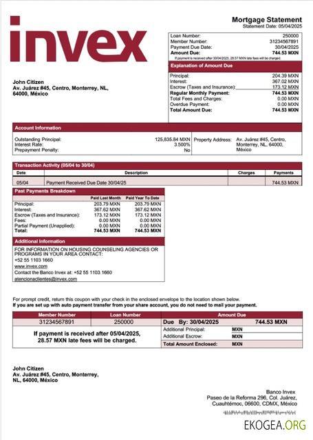 Modèle Word et PDF de relevé hypothécaire de Banco Invex au Mexique